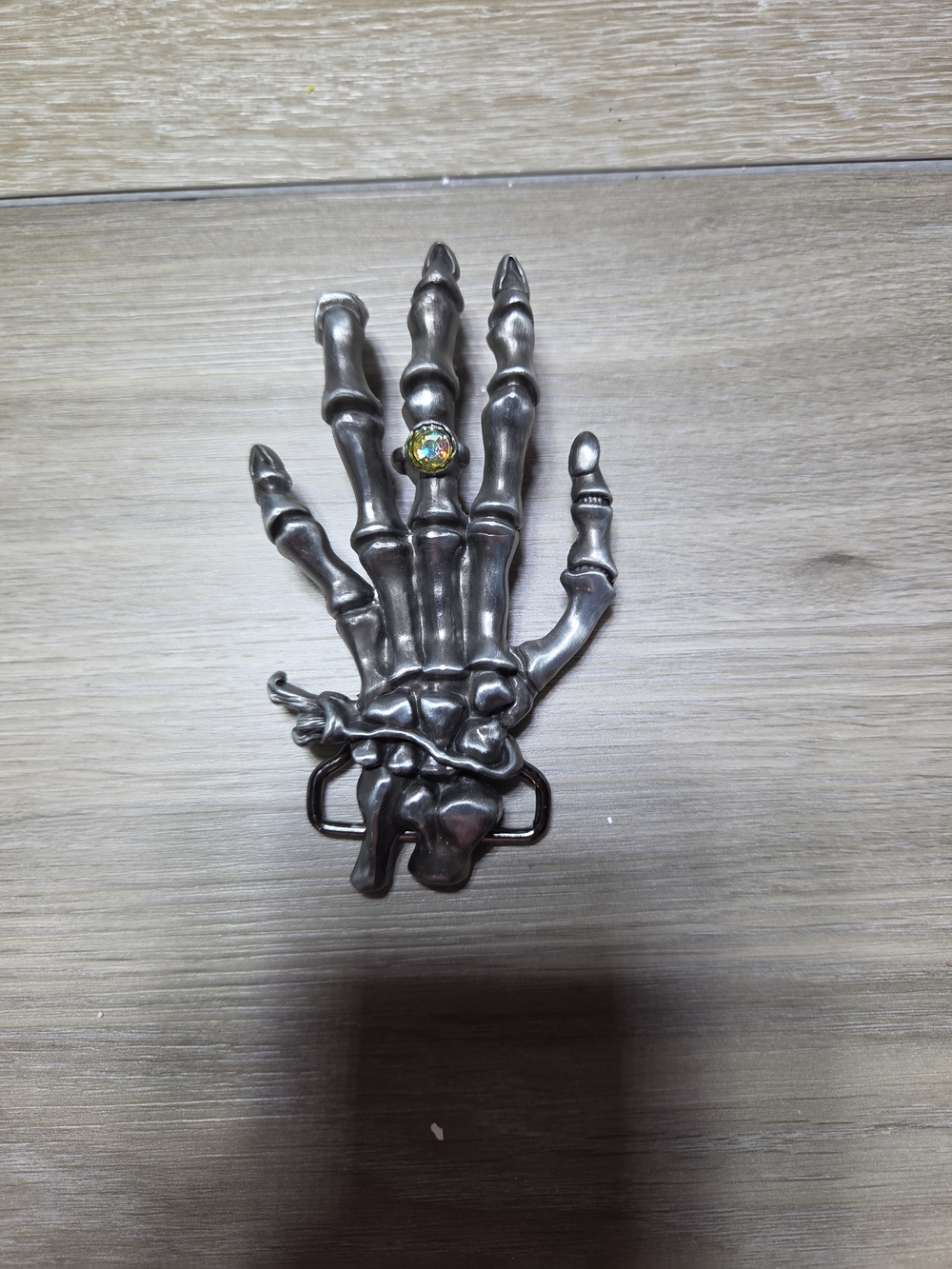 Skeleton Hand Belt Buckle with Iridescent Rhinestone Ring Gothic Biker